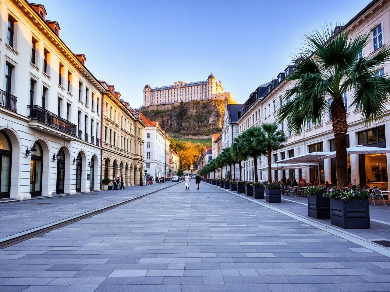 列支敦士登 Vaduz 的 城镇中心 步行街,在黄金时刻拥有精致的现代石板路、当代雕塑、白色政府建筑、带户外露台的雅致咖啡馆、棕榈树盆栽,以及上方悬崖上可见的 Vaduz 城堡