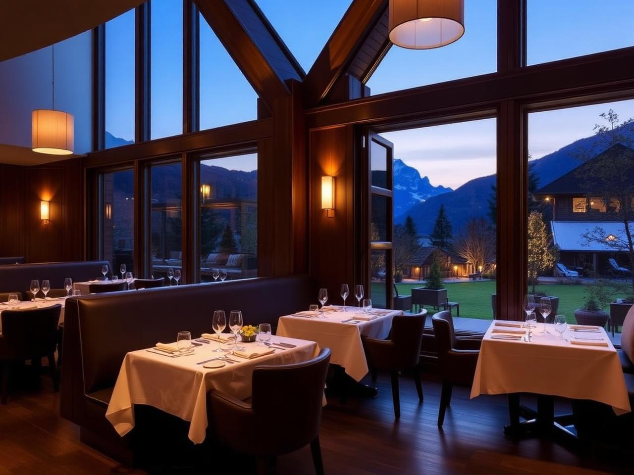 Marée 餐厅,Vaduz 列支敦士登,Park Hotel Sonnenhof 内精致的现代法式亚洲餐饮室内,有深色木质镶板、皮革长椅、温暖的低垂吊灯、白色桌布,以及通往高山花园的落地窗