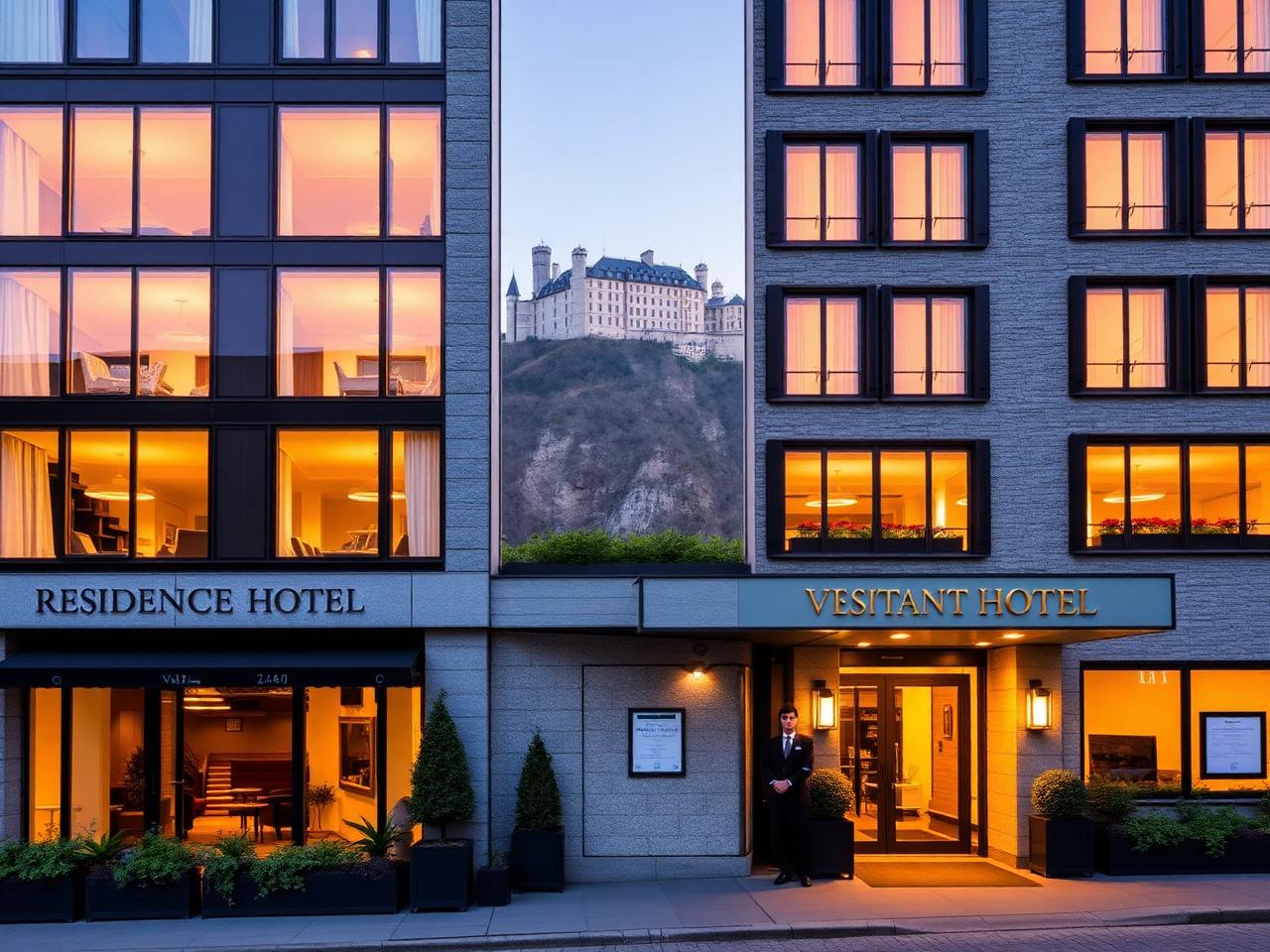 Residence Hotel Vaduz,列支敦士登,黄昏时分精致典雅的现代精品酒店外墙,拥有现代的玻璃和石头建筑、散发温暖光芒的窗户、种植着植物的入口露台和一位穿着制服的门童,远处的悬崖上 Vaduz 城堡清晰可见