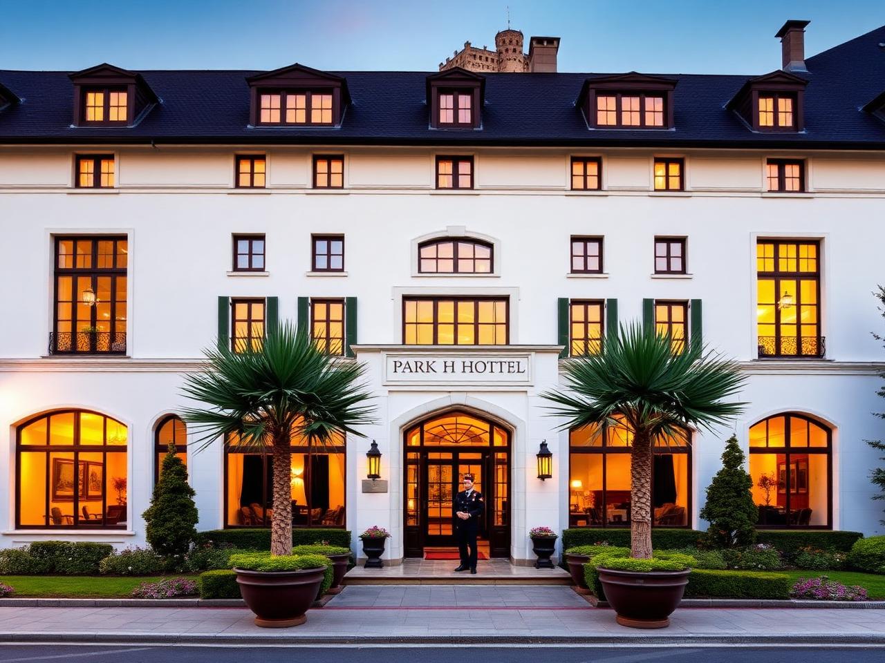 Park Hotel Sonnenhof,Vaduz 列支敦士登,标志性的宏伟豪华罗莱夏朵酒店外墙,在黄金时刻拥有典雅的白色灰泥和一位穿着制服的门童