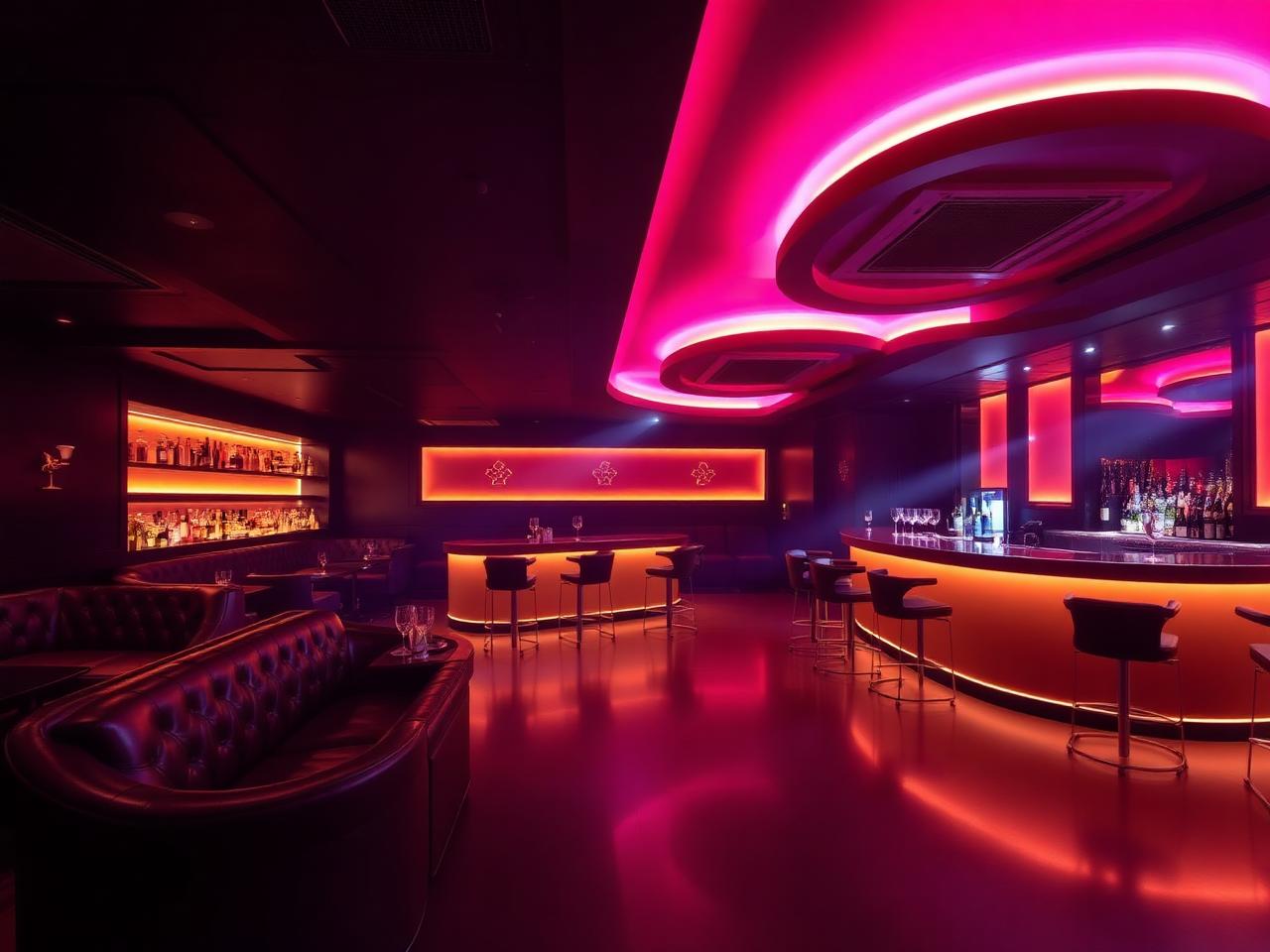 Tangente Club,Eschen 列支敦士登,精致高档的深夜俱乐部室内,有引人注目的温暖琥珀色和粉色 LED 灯光、深色调内饰、皮革长椅、带有香槟桶的抛光吧台和舞池