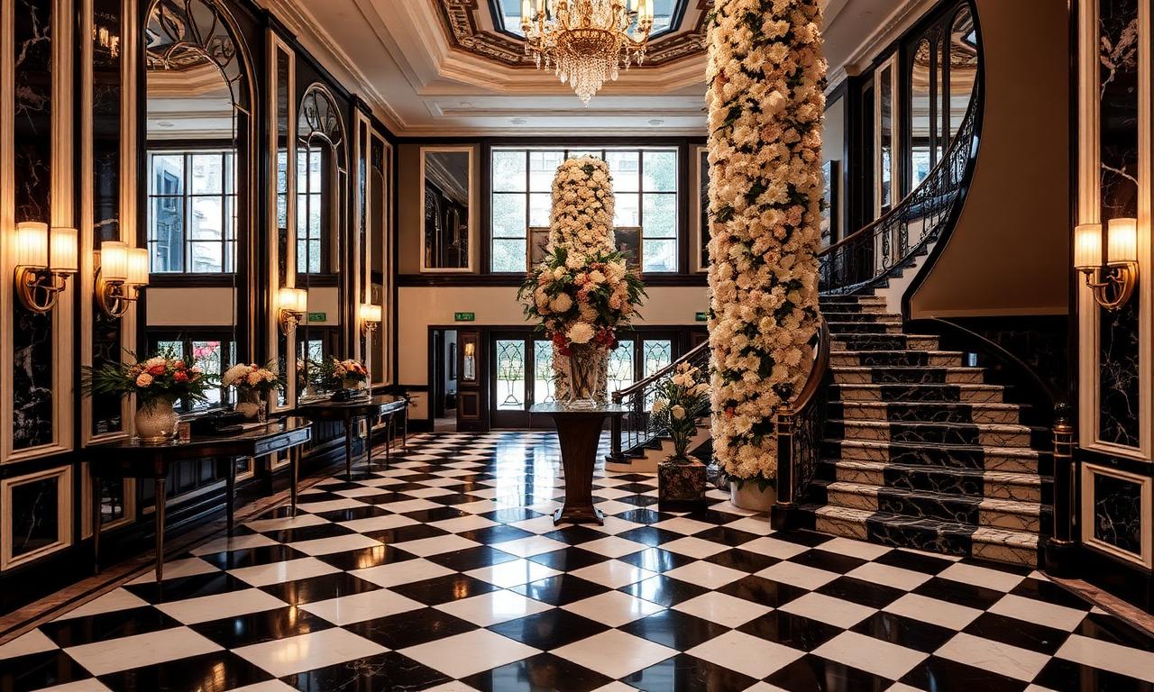The art deco lobby of Claridges hotel in Mayfair London with checkered marble floor and towering florals
