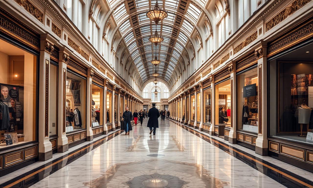Burlington Arcade in London Mayfair with the elegant Regency covered shopping arcade, polished marble floor and gilded shopfronts