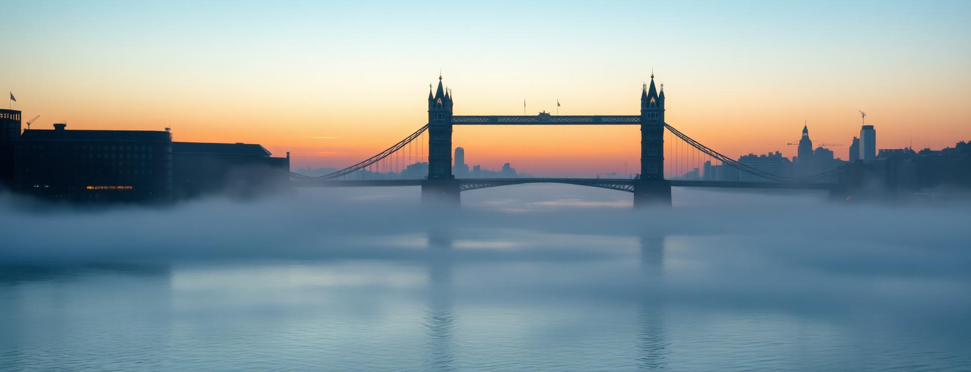The River Thames at first light with Tower Bridge silhouetted against a soft pastel sunrise sky and mist on the water