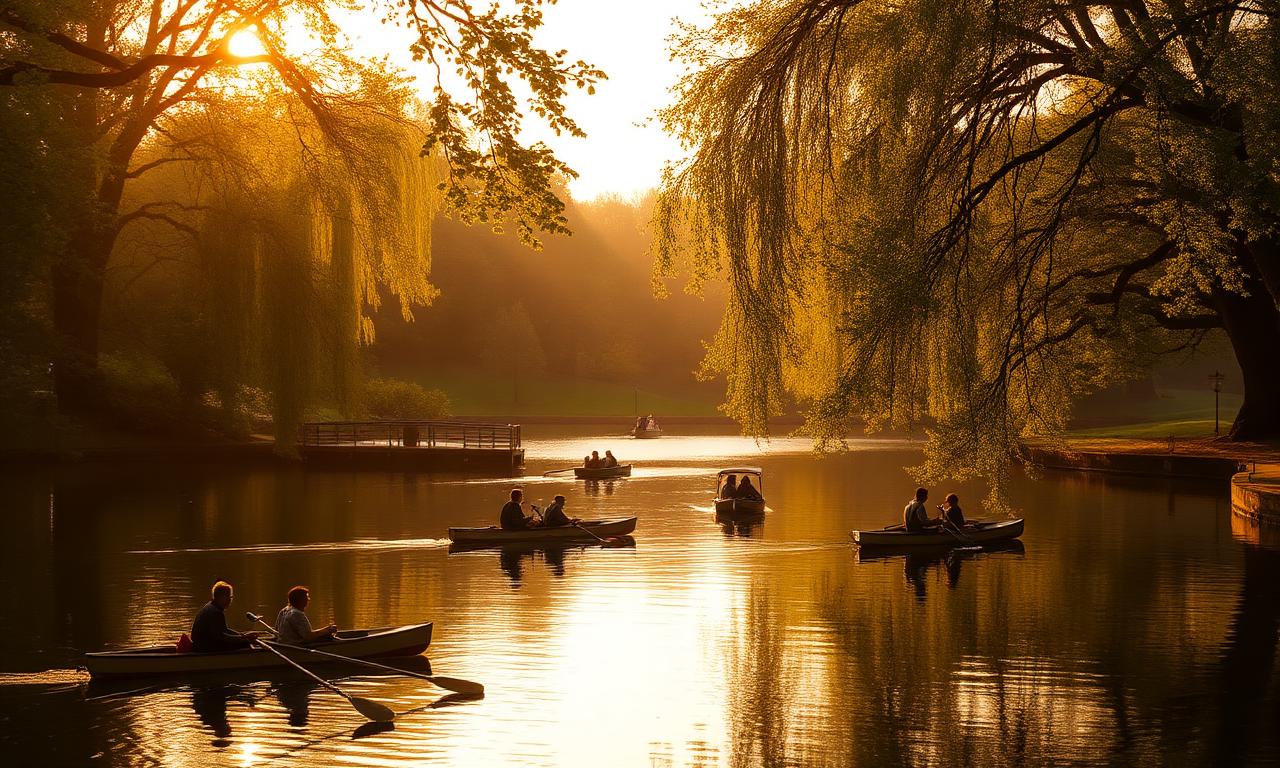 Hyde Park in London at golden hour with the Serpentine lake and rowing boats under leafy green trees