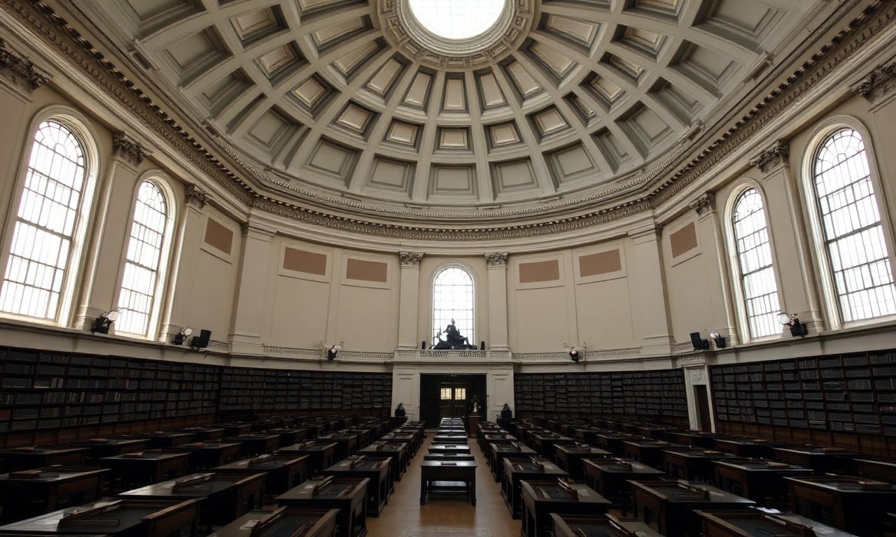 The grand domed Reading Room of the British Museum in London with soft daylight from above and rows of empty desks