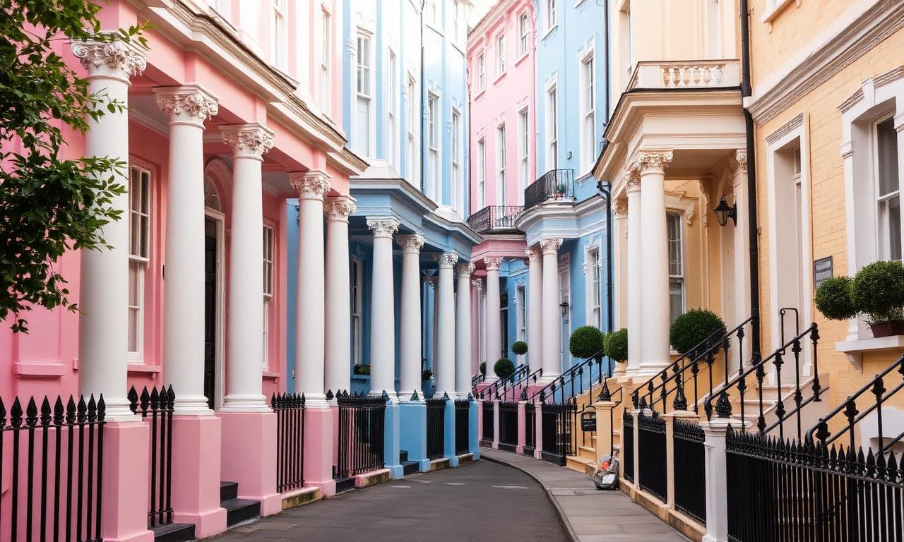 Notting Hill in London with a quiet residential street of pastel coloured Victorian townhouses in pink, blue and yellow