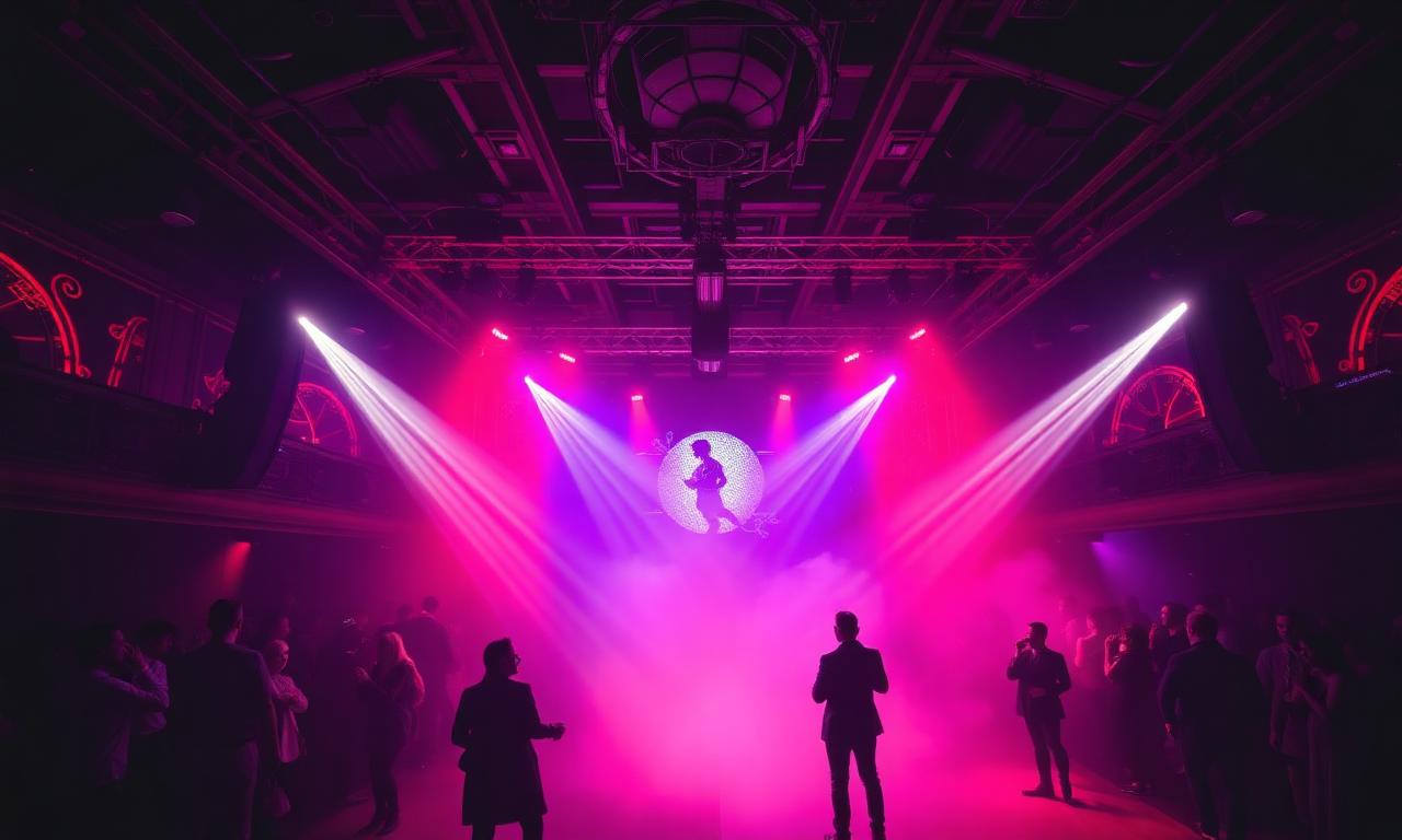 Iconic London nightclub interior with a large dance floor, dramatic red and purple stage lighting and a stylish silhouetted crowd
