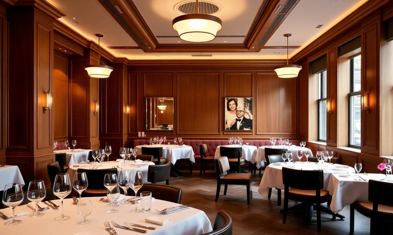 Refined Michelin-starred Notting Hill restaurant interior with warm wood panelling, soft pendant lighting and white tablecloths