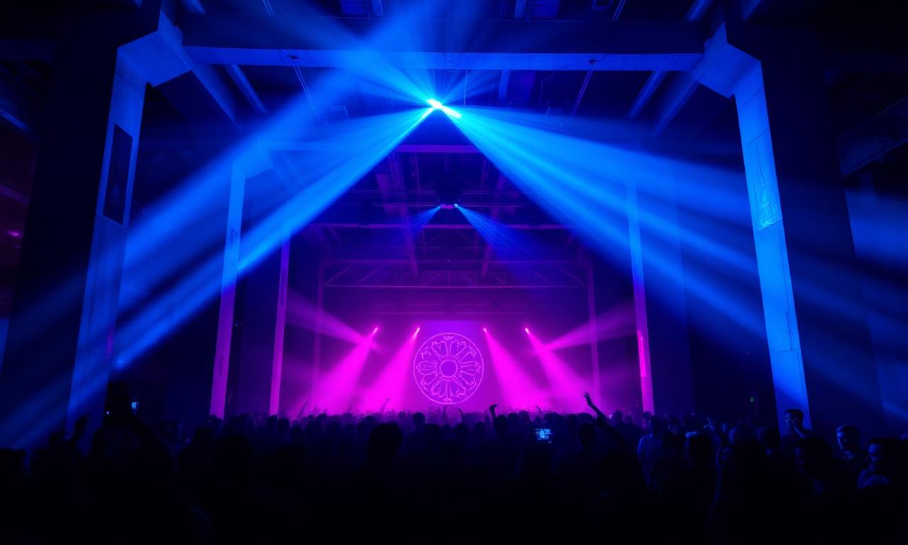 Vast industrial warehouse nightclub in London with massive concrete columns, dramatic blue and magenta lighting and a huge crowd dancing in silhouette
