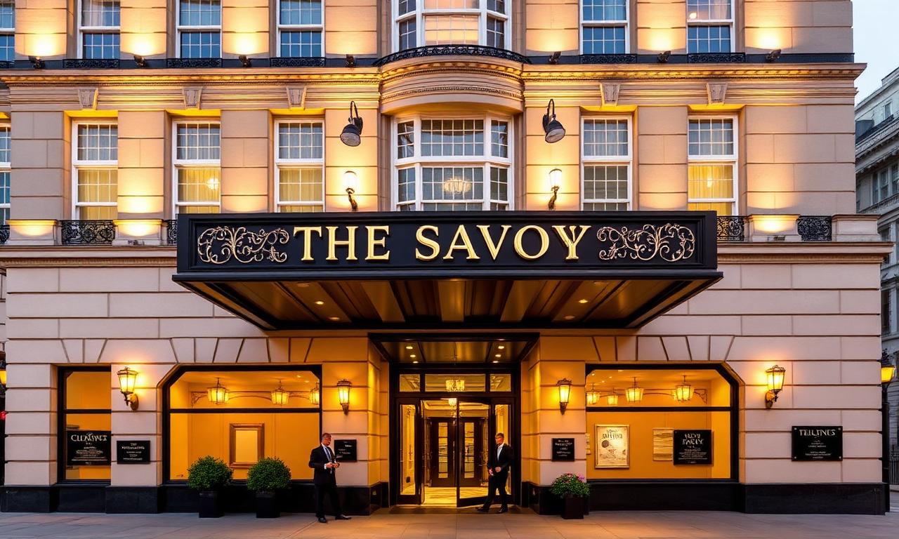 The grand Edwardian facade of The Savoy hotel on the Strand in London, illuminated at golden hour with art deco entrance and elegant doorman