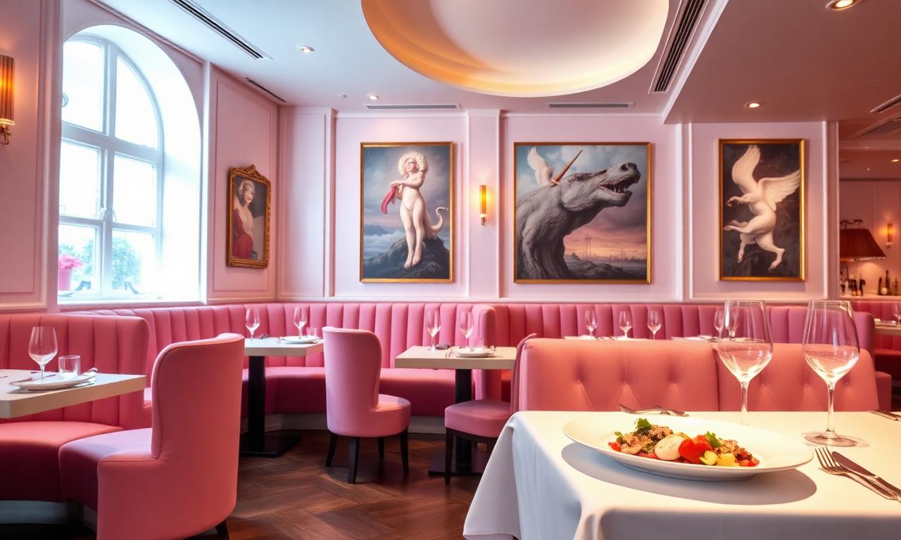 Whimsical luxurious restaurant interior with pastel pink velvet banquettes, surreal contemporary art on the walls and elegant table settings