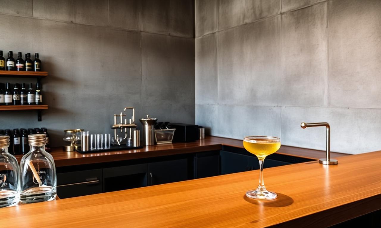 Modern minimalist Shoreditch cocktail bar with raw concrete walls, a clean wooden bar counter and a single elegantly served cocktail in a coupe glass