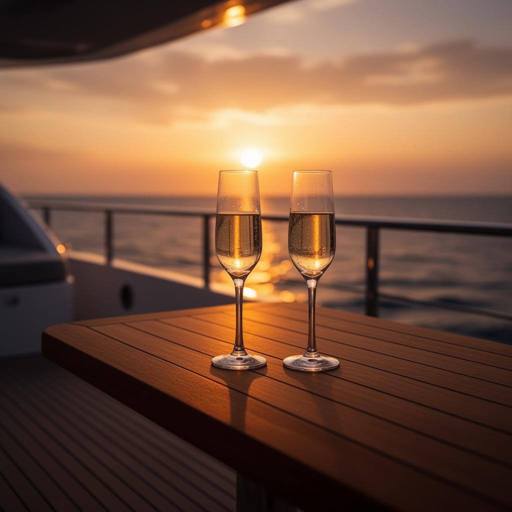 Luxury yacht deck at sunset with vintage champagne flutes overlooking the ocean