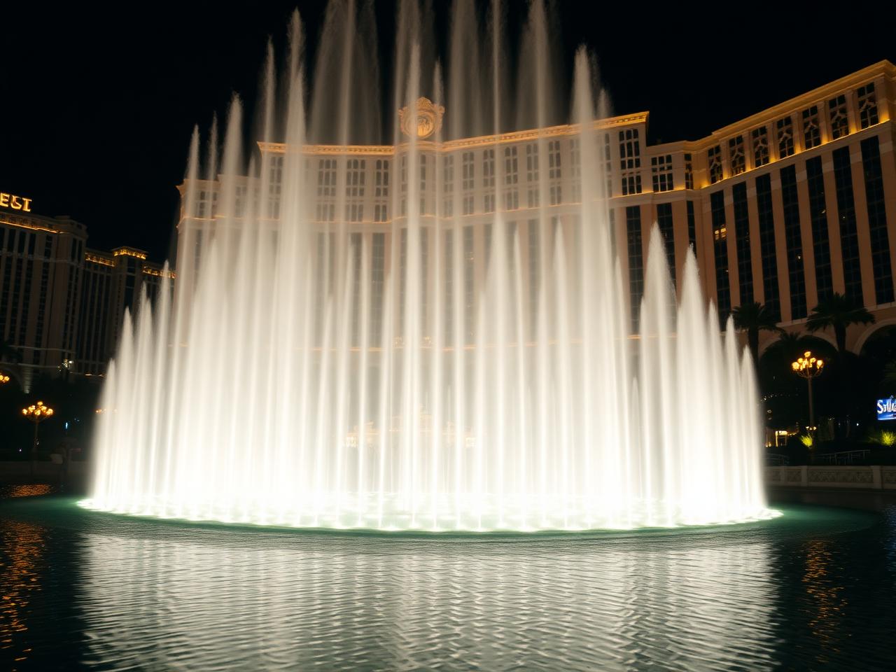 Bellagio fountains illuminated at night with hotel facade in background