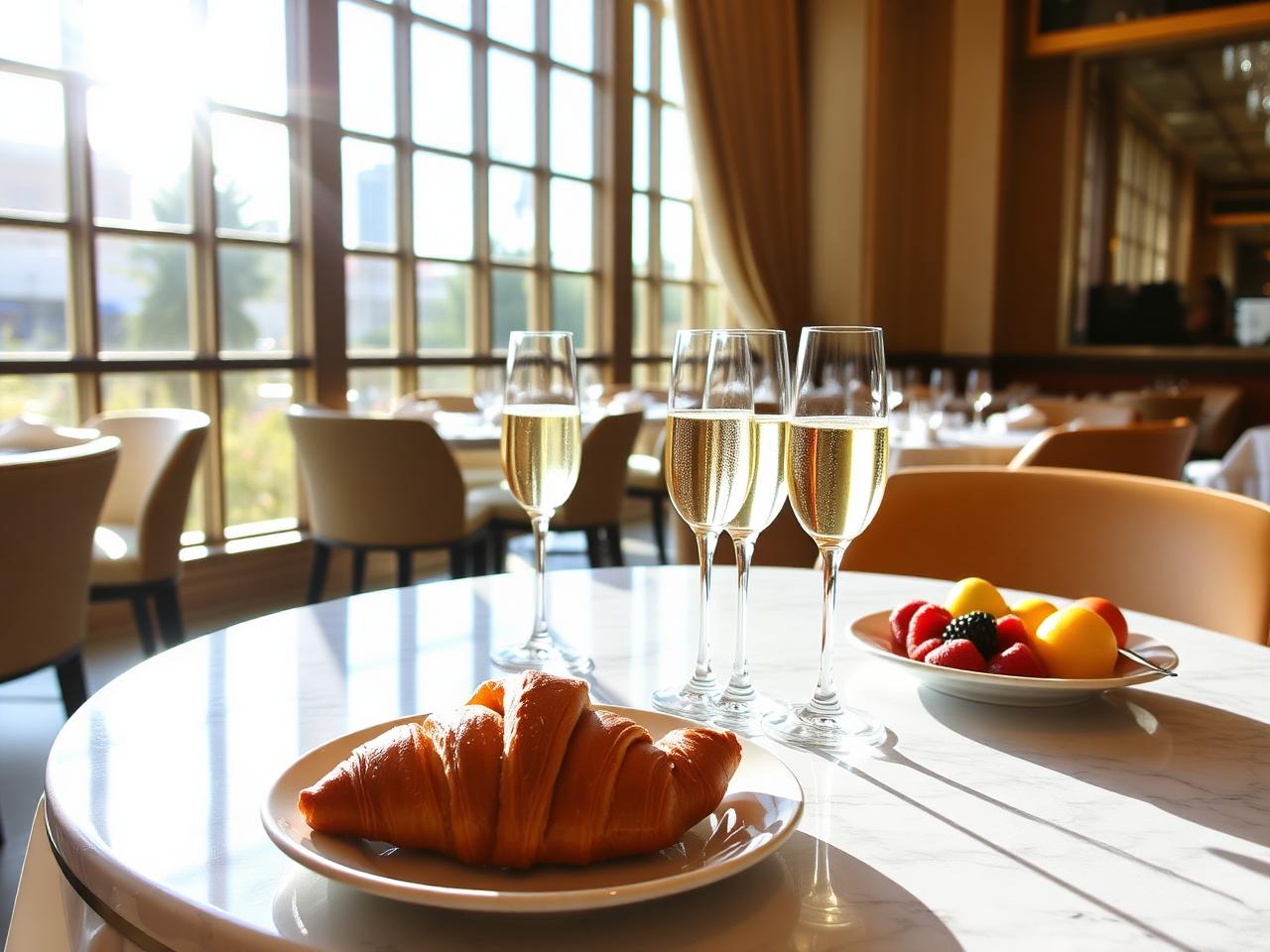 Bright morning brunch with champagne and croissants on a marble bistro table