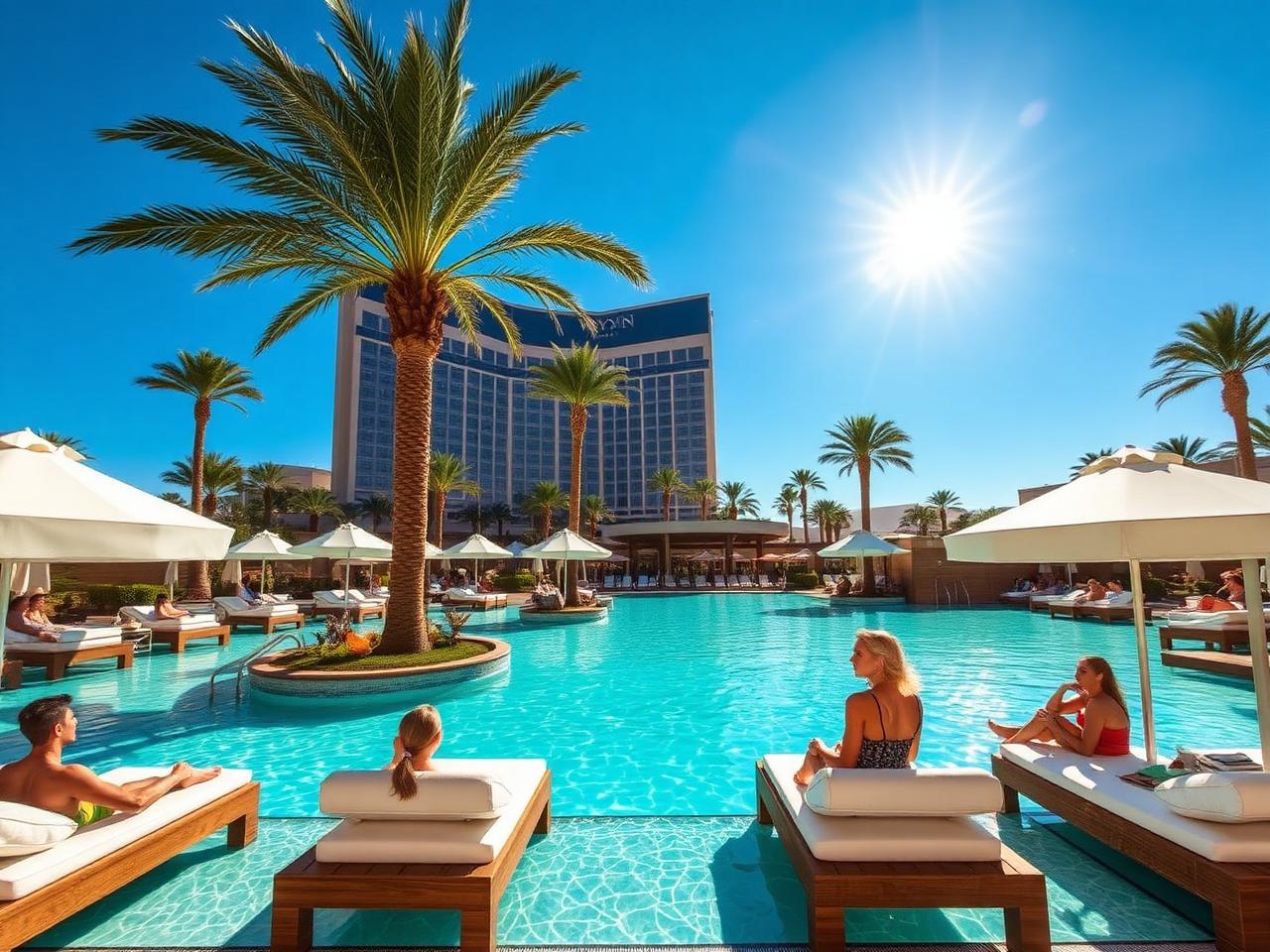 Sunlit luxury pool at the Wynn Las Vegas with white cabanas and palm trees