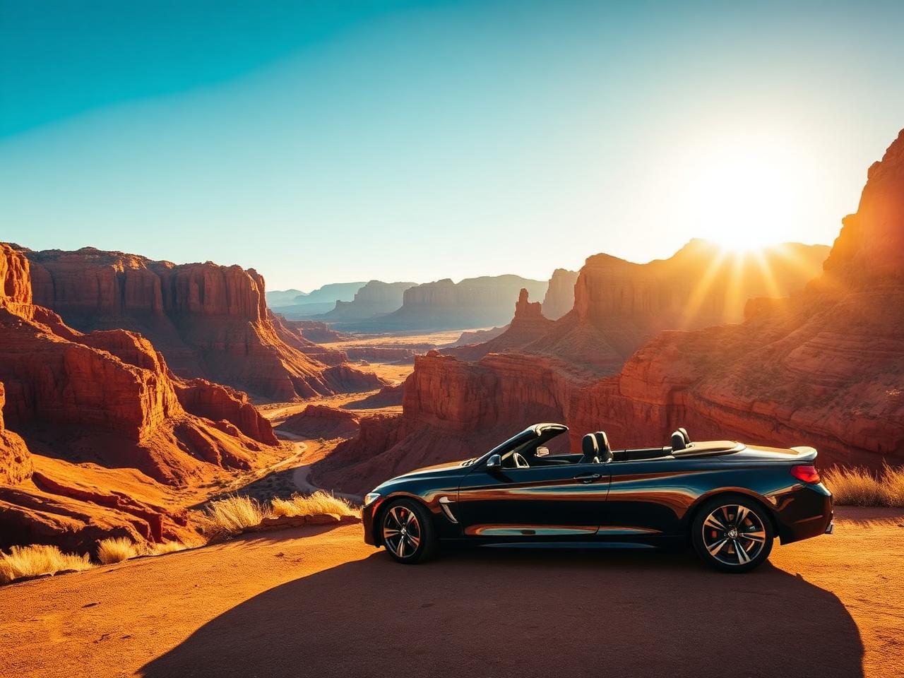 Red Rock Canyon near Las Vegas with red sandstone cliffs and a convertible