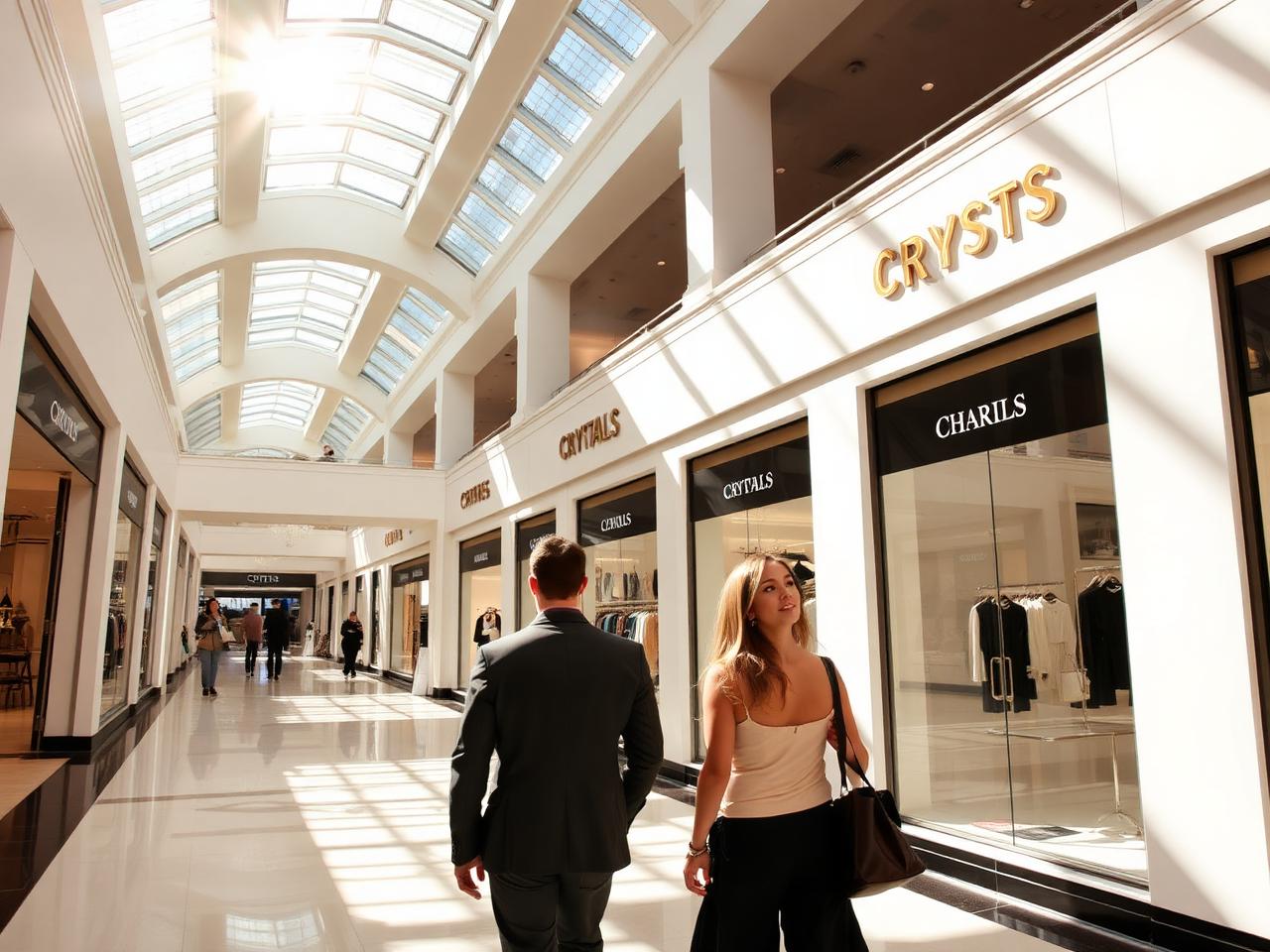 Daylit luxury shopping arcade with white architecture and skylights
