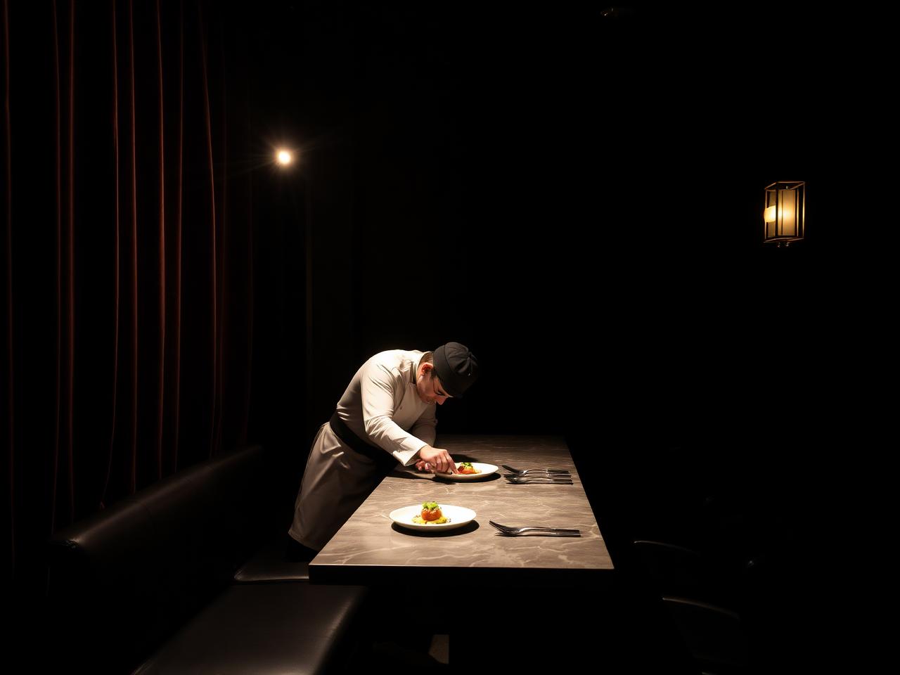 An intimate chef's counter with a single chef plating a dish