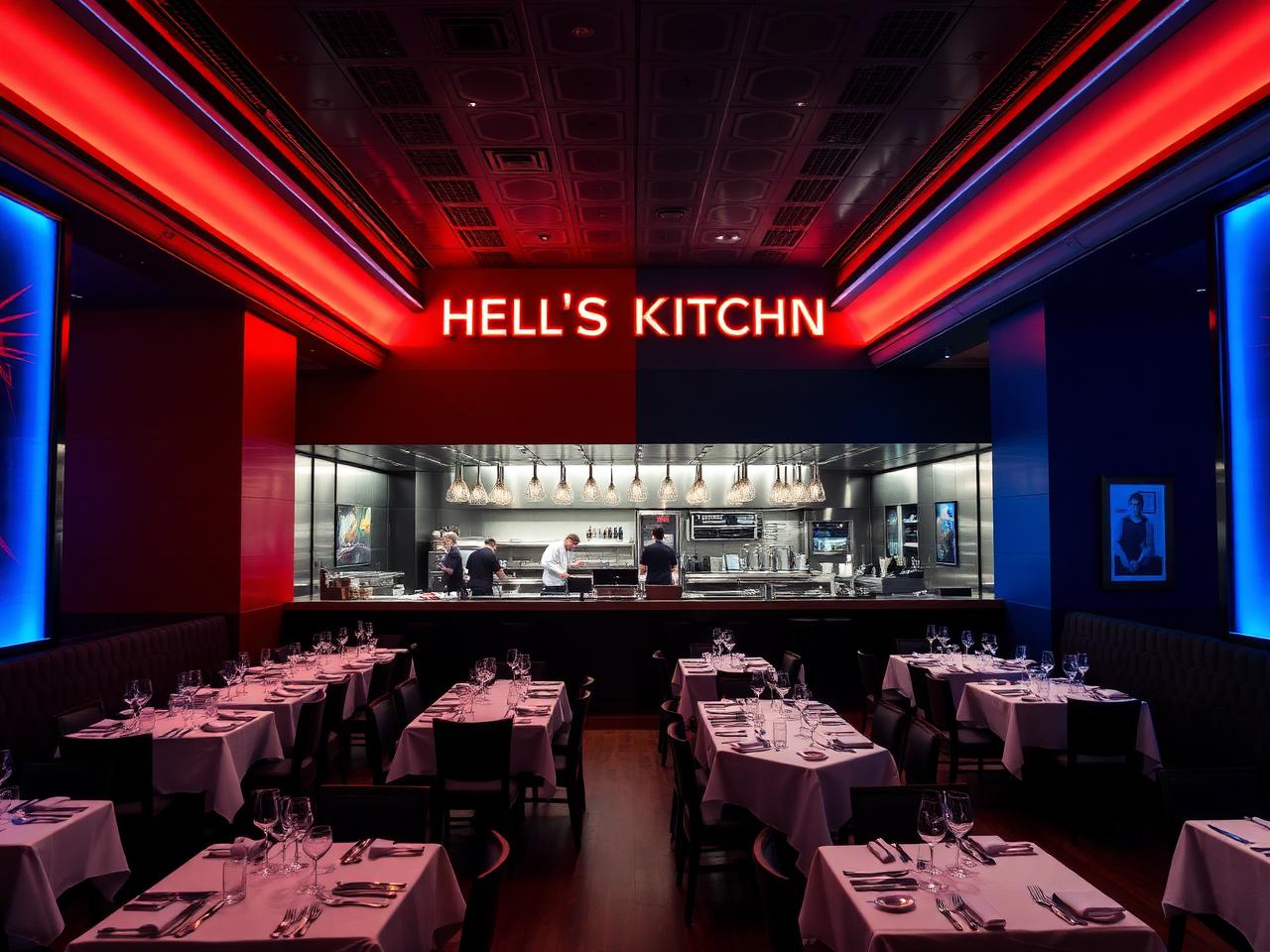 Hell's Kitchen restaurant interior with red and blue lighting