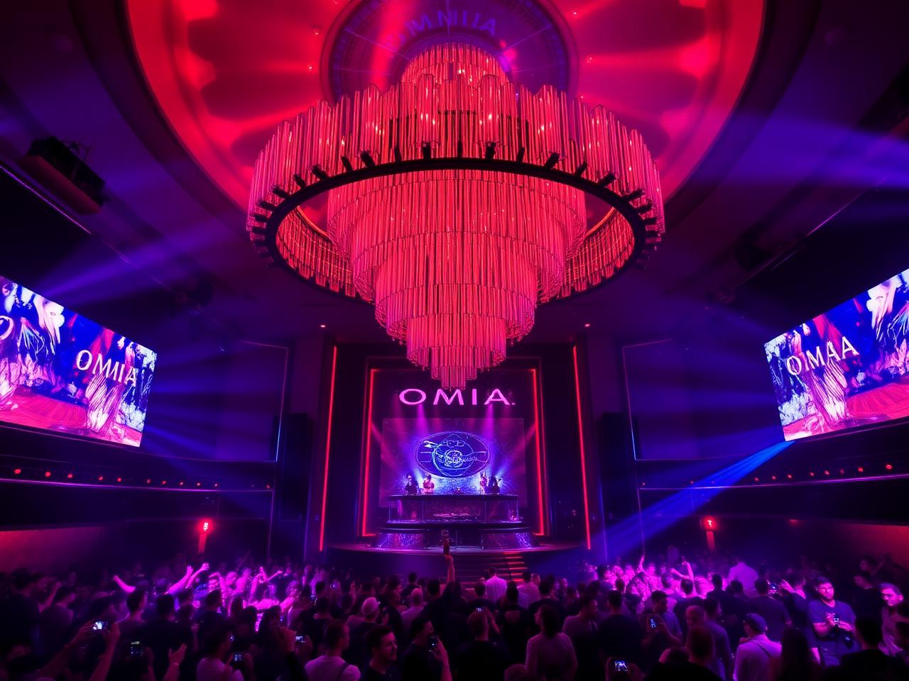Omnia nightclub with kinetic chandelier and packed dance floor