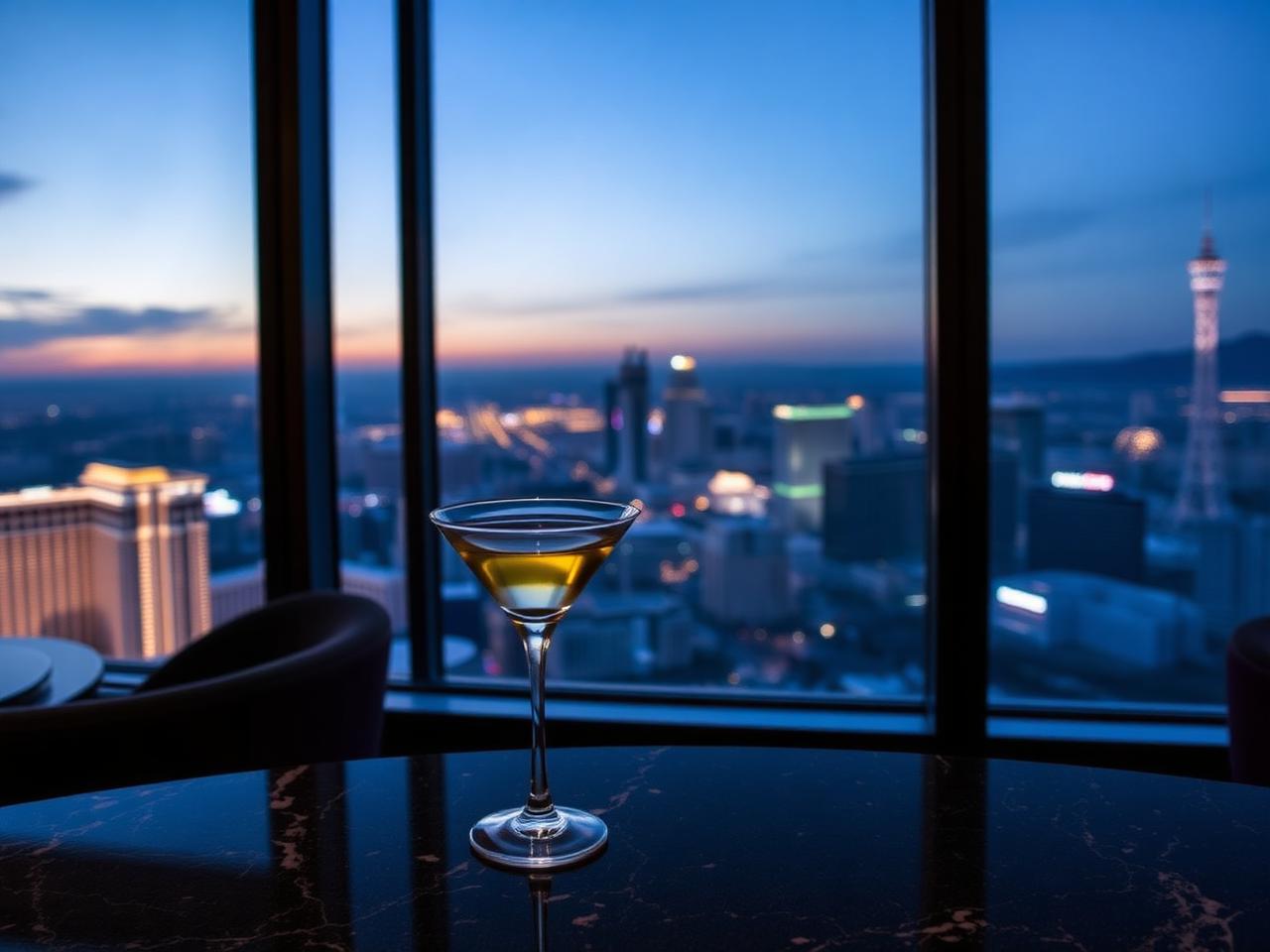 A martini glass on a marble bar overlooking the Las Vegas Strip at blue hour