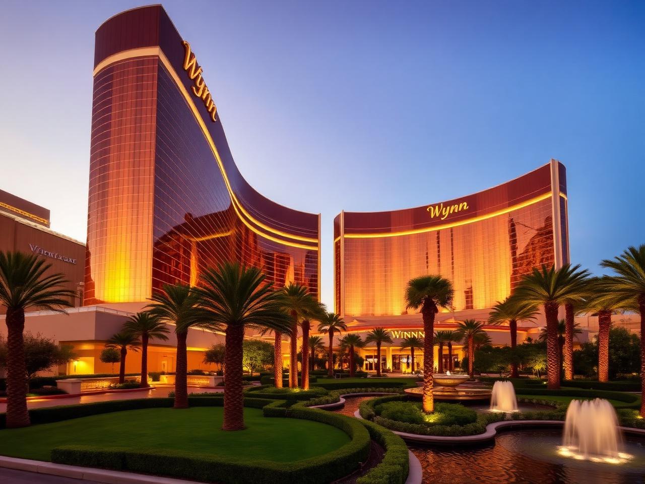 Wynn Las Vegas hotel exterior at dusk with bronze facade