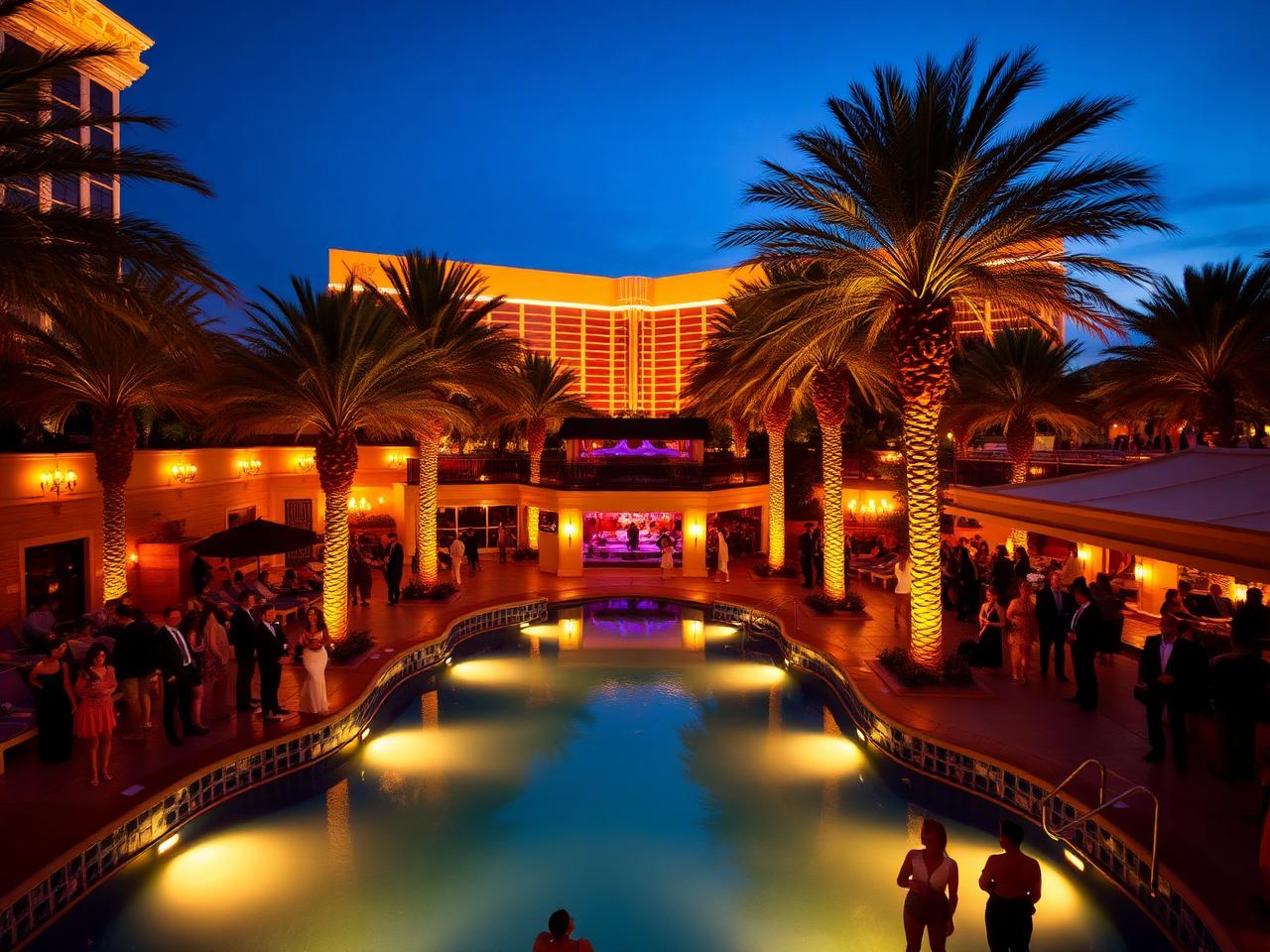 XS Nightclub outdoor pool at night with palm trees and elegant crowd