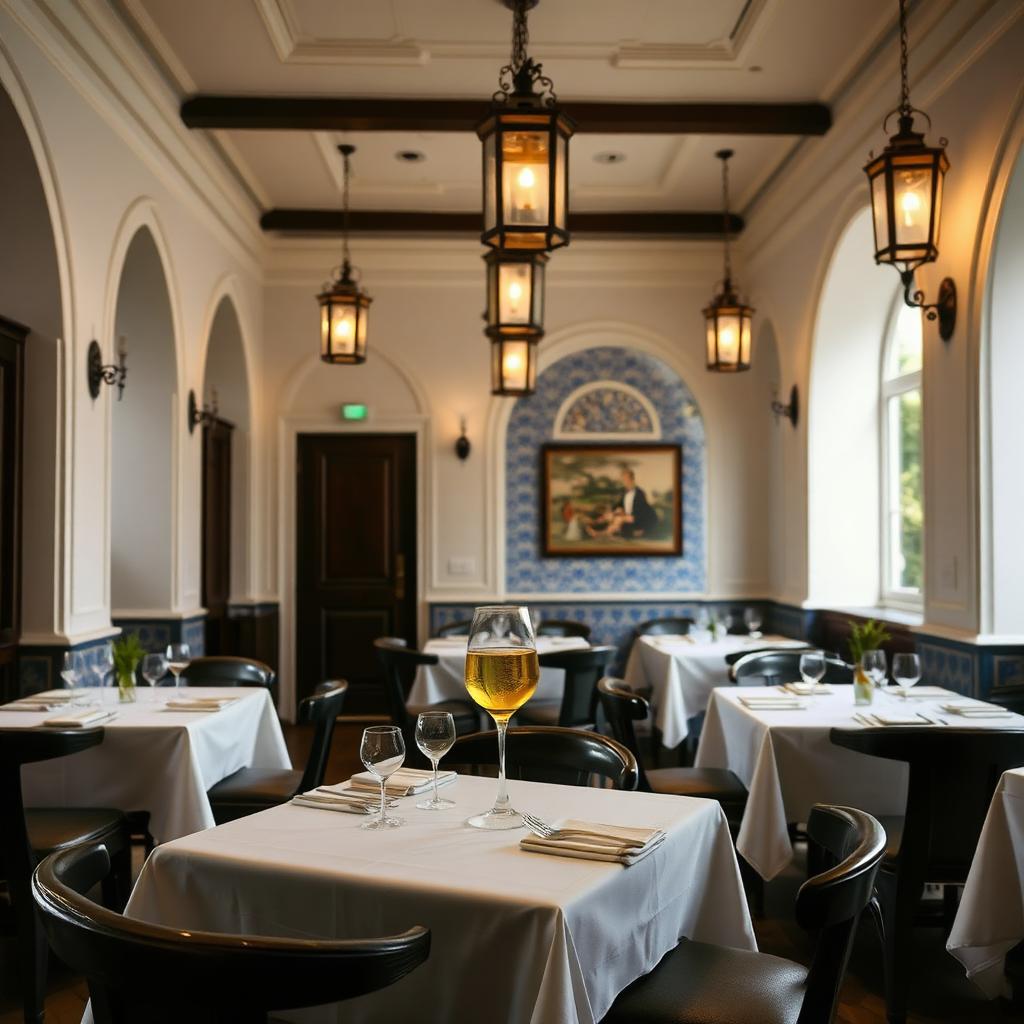Elegant Portuguese restaurant interior in Taipa Macau with white tablecloths, blue azulejo tiles and hanging lanterns