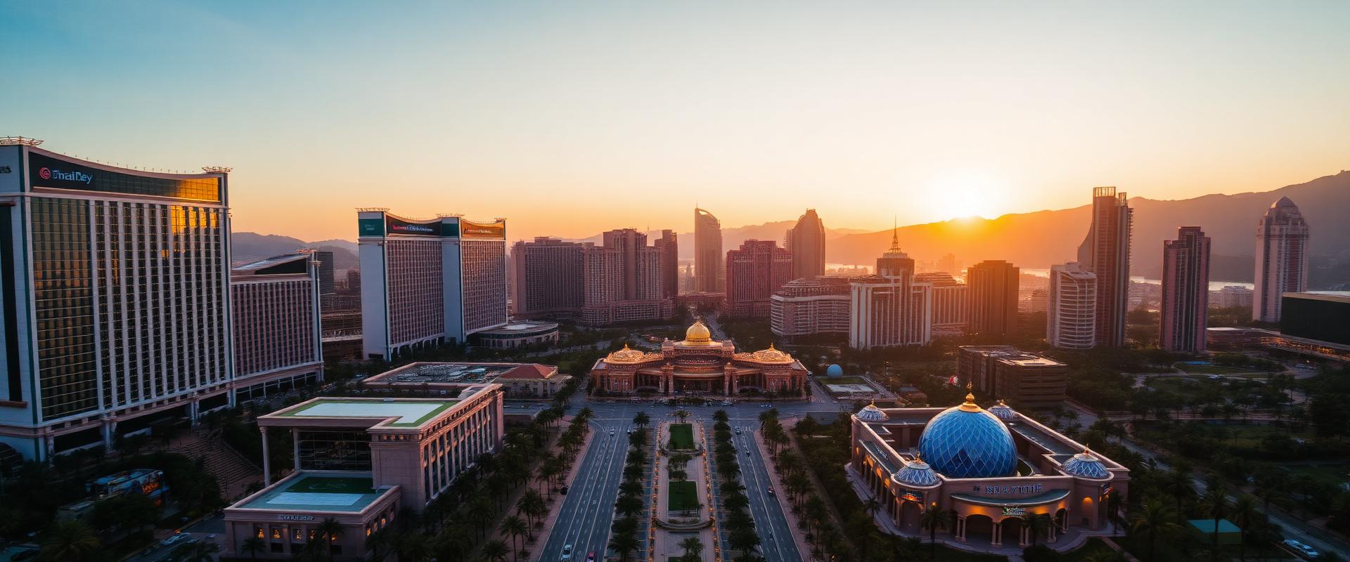 Panoramic aerial view of the Cotai Strip Macau at golden hour with grand integrated resort facades and palm-lined boulevards