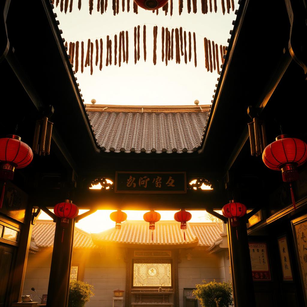 A-Ma Temple in Macau at golden hour with coils of incense and red lanterns under wooden eaves