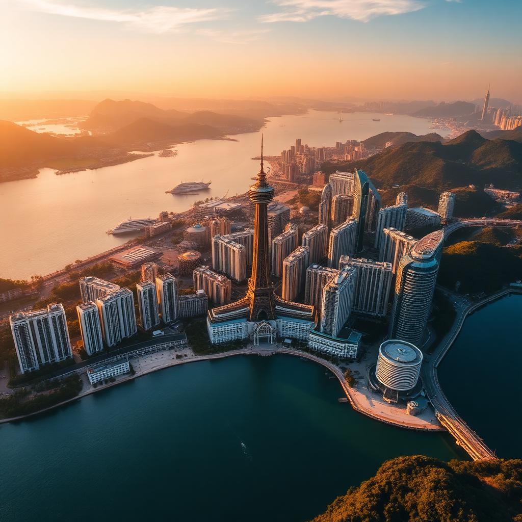 Aerial morning view of the Macau peninsula and Cotai Strip at golden hour with the Macau Tower and Praia Grande bay