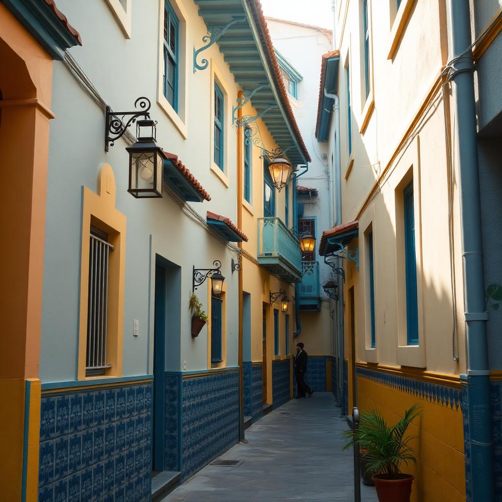 Taipa Village Macau narrow lane with pastel Portuguese colonial houses, blue and yellow tiles and hanging lanterns
