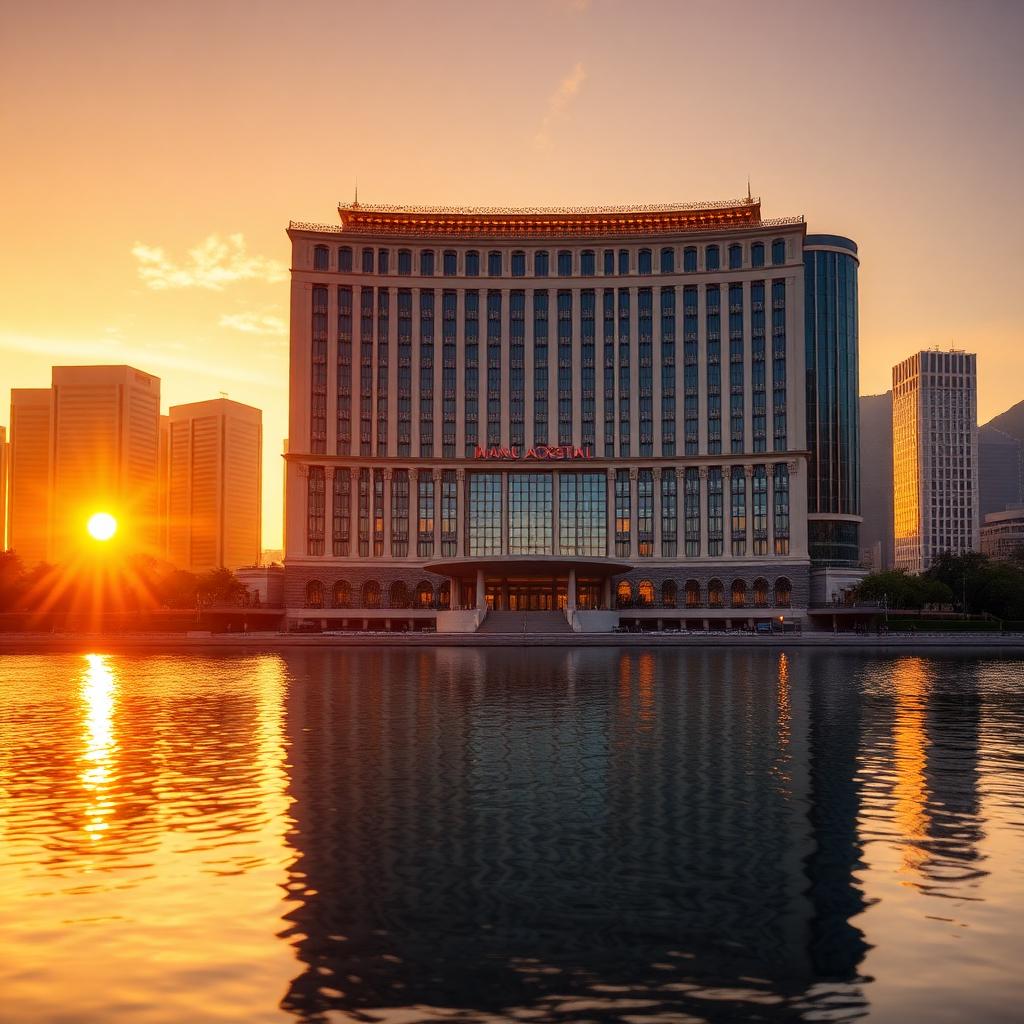 Mandarin Oriental Macau hotel facade at golden hour facing Nam Van Lake with calm reflective water