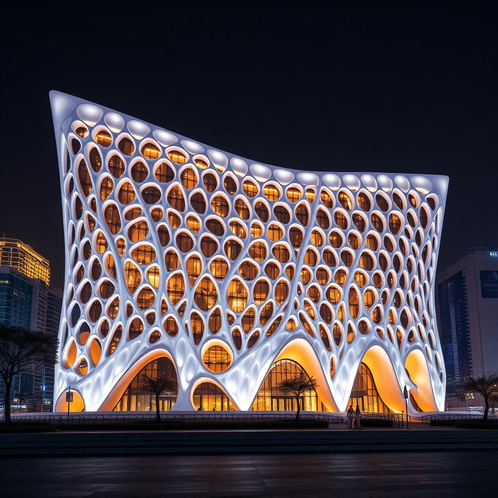 The Morpheus hotel by Zaha Hadid at night in Cotai Macau with futuristic exoskeleton facade glowing warm white
