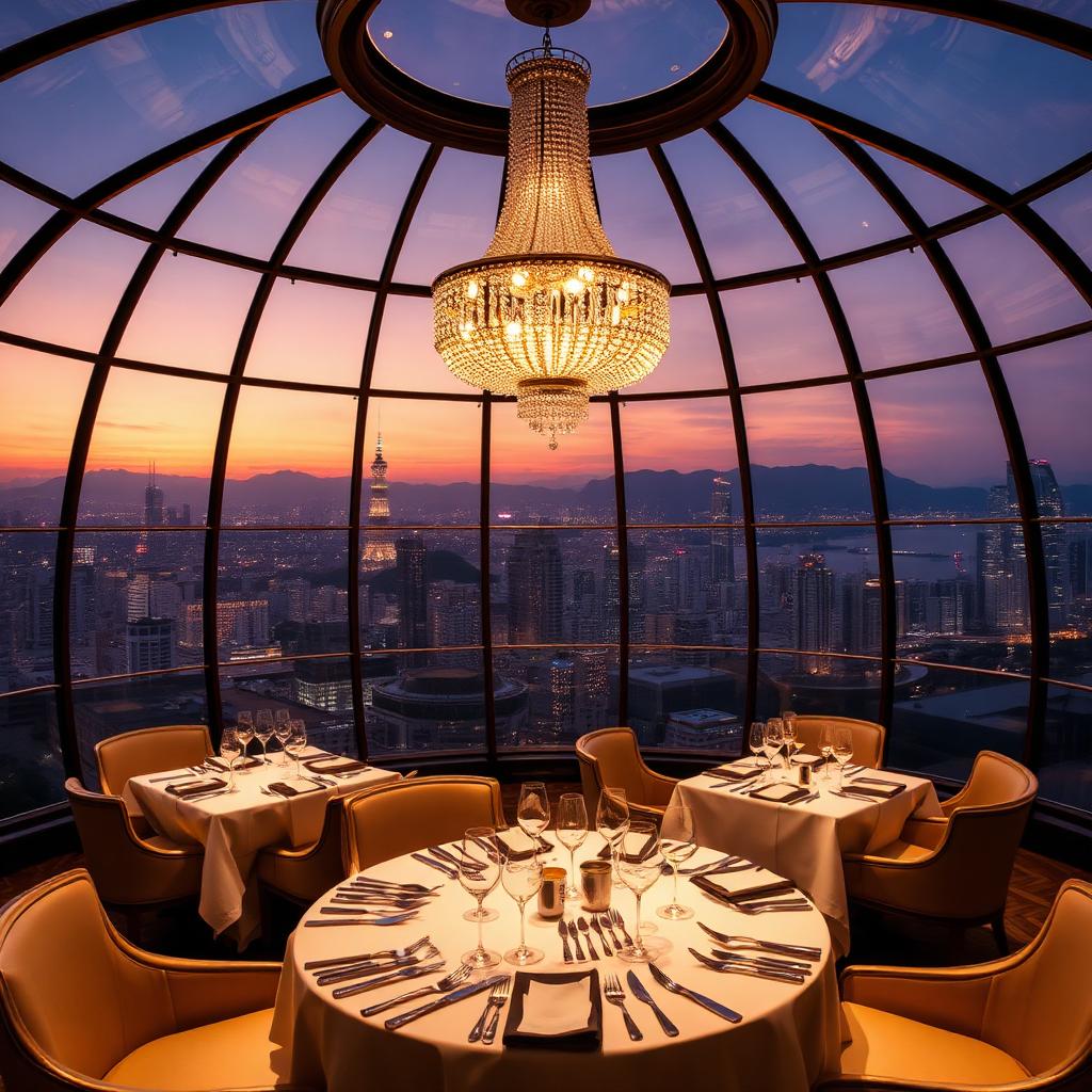 Robuchon au Dôme three Michelin star French restaurant interior inside a glass dome at Grand Lisboa Macau with crystal chandelier and panoramic city view at dusk