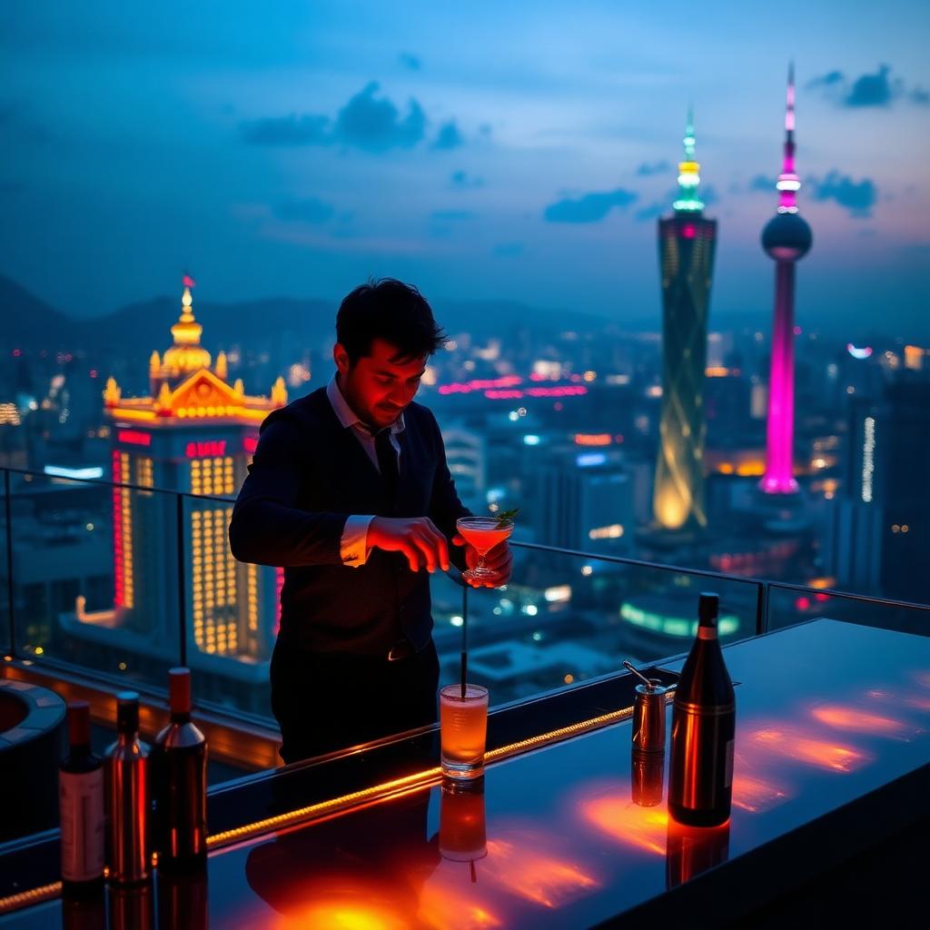 Sky 21 rooftop cocktail bar in Macau at dusk with panoramic view of the illuminated Grand Lisboa and Macau Tower