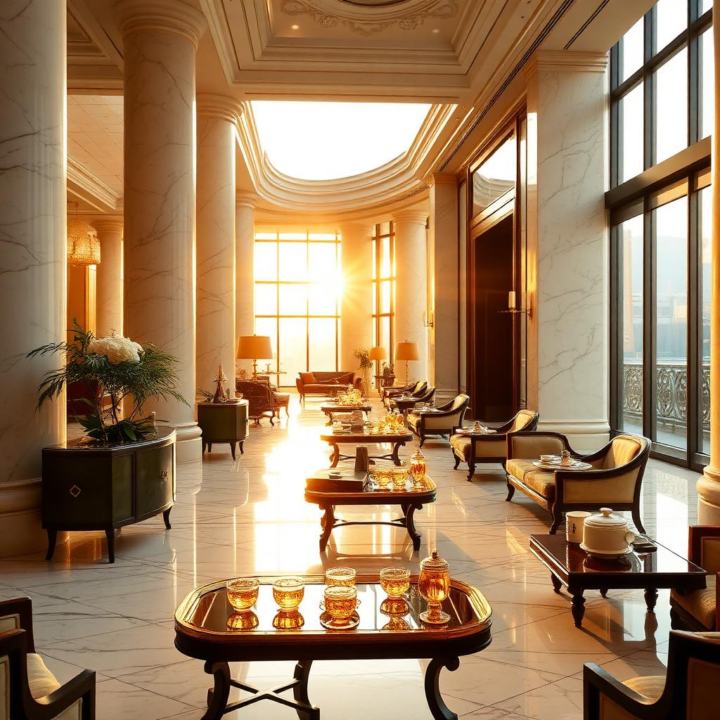 An elegant afternoon tea lounge inside Mandarin Oriental Macau lobby at golden hour with marble columns and lacquer tables