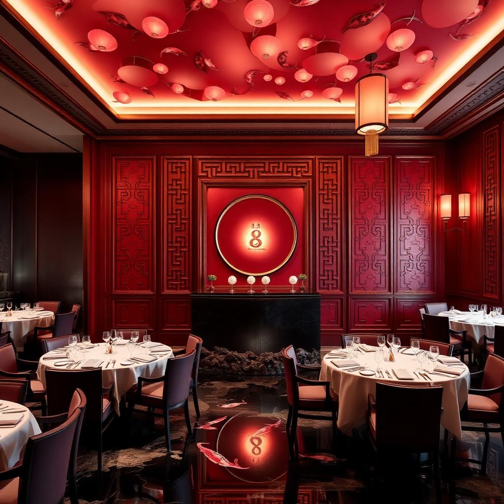 The 8 three Michelin star Cantonese restaurant interior at Grand Lisboa Macau with red lacquer panels and koi mosaics