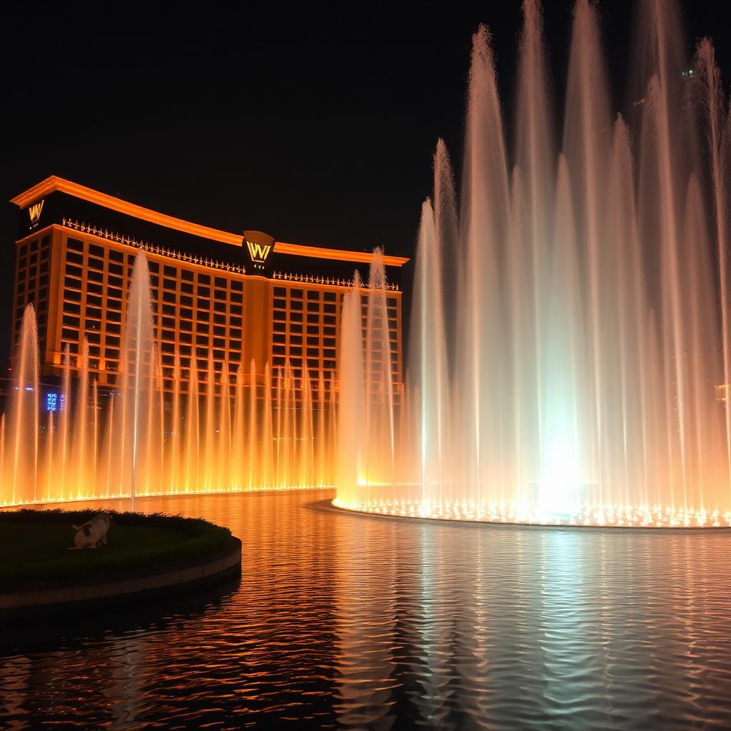 The Wynn Macau Performance Lake fountain show at night with illuminated water jets and warm light