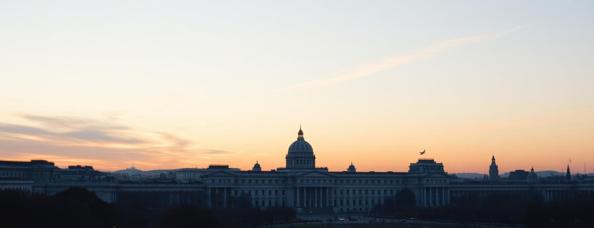 Madrid panorama at first light with the Royal Palace, Almudena Cathedral and the Sierra de Guadarrama in the distance with soft pastel sunrise