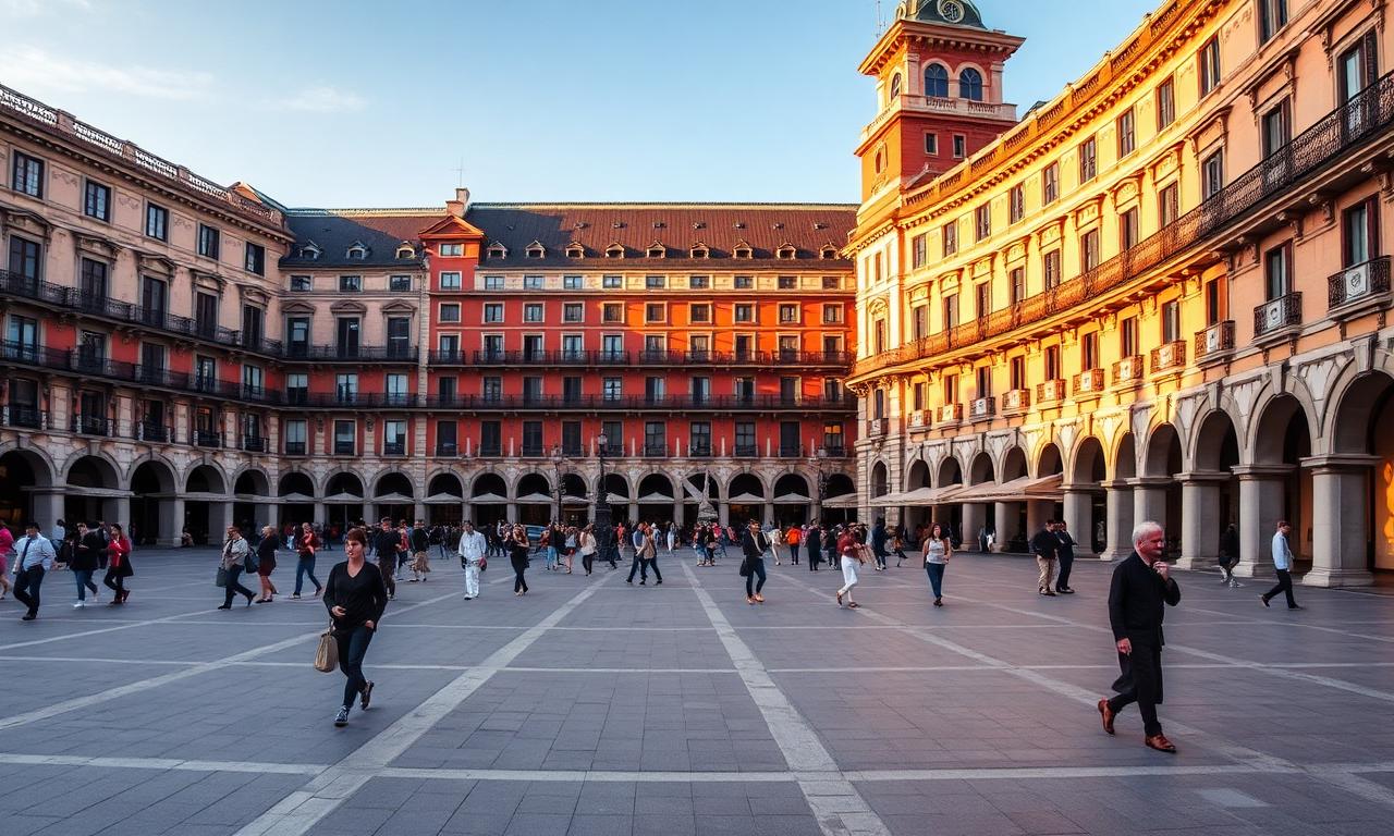 Plaza Mayor Madrid 17th century arcaded square with refined visitors at golden hour and warm Habsburg architecture