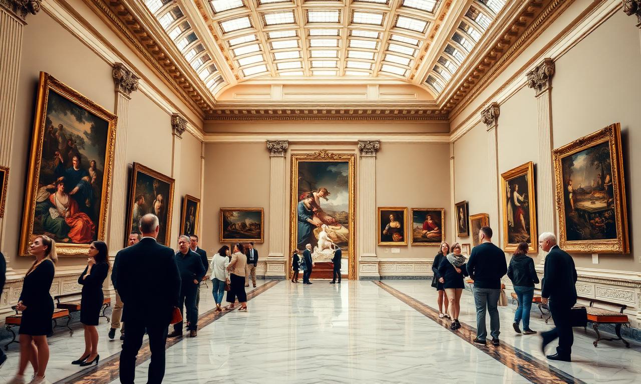 Museo del Prado Madrid grand neoclassical gallery interior with refined visitors viewing Spanish masterpieces in soft museum lighting