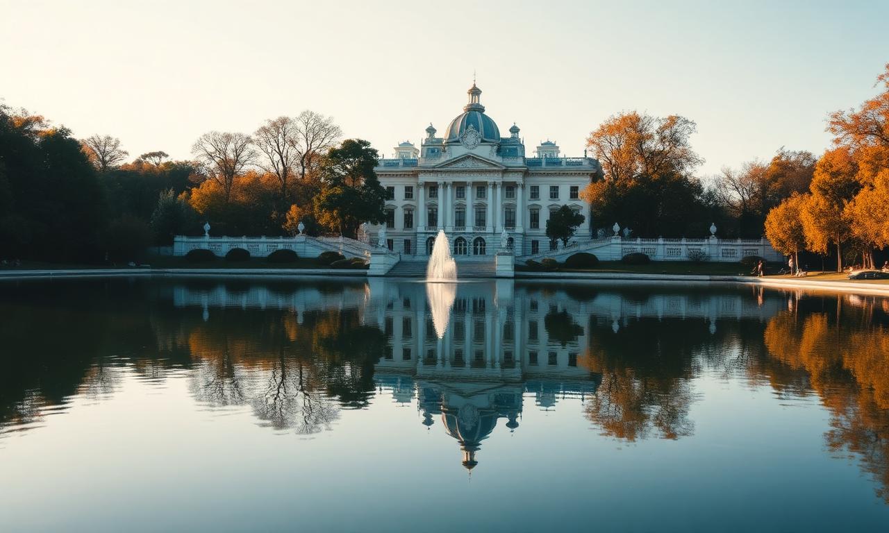 Parque del Retiro Madrid central lake with rowing boats, Crystal Palace and refined visitors in warm afternoon light