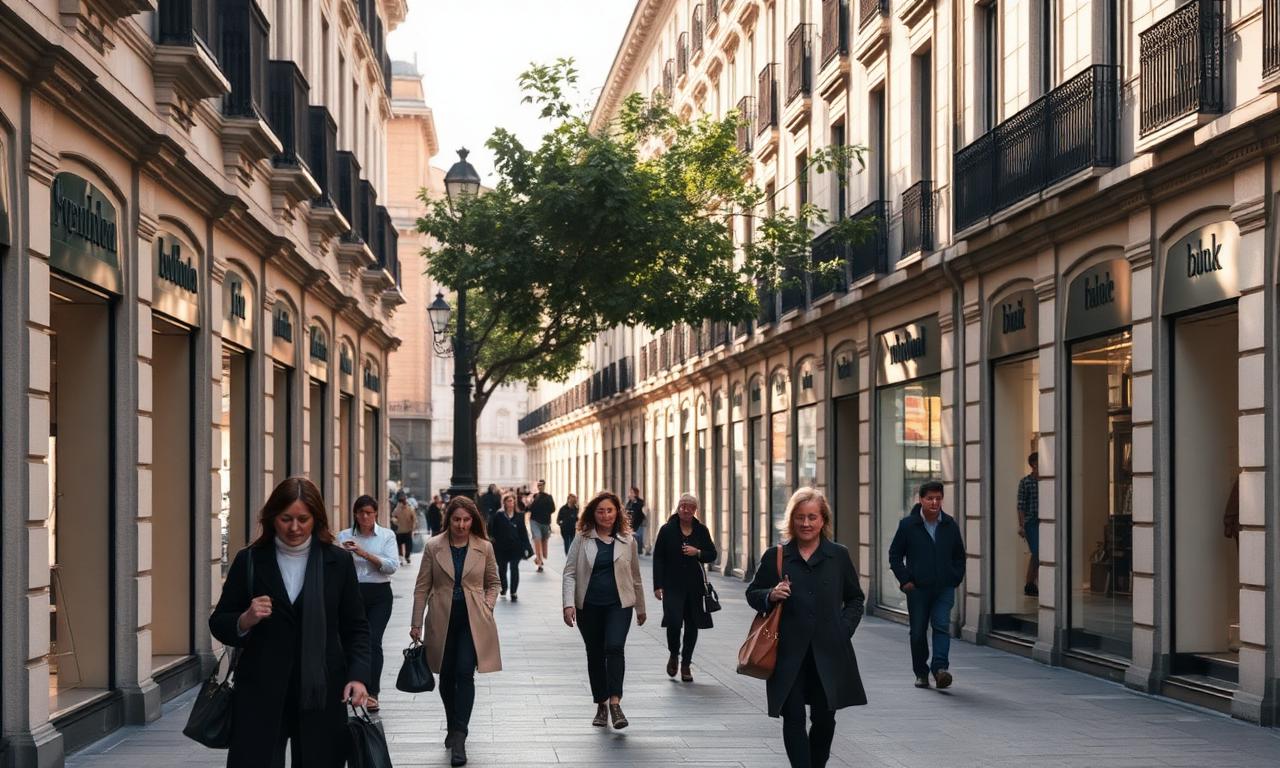 Salamanca neighbourhood Madrid Calle Serrano luxury shopping street with refined boutiques, elegant facades and warm afternoon light