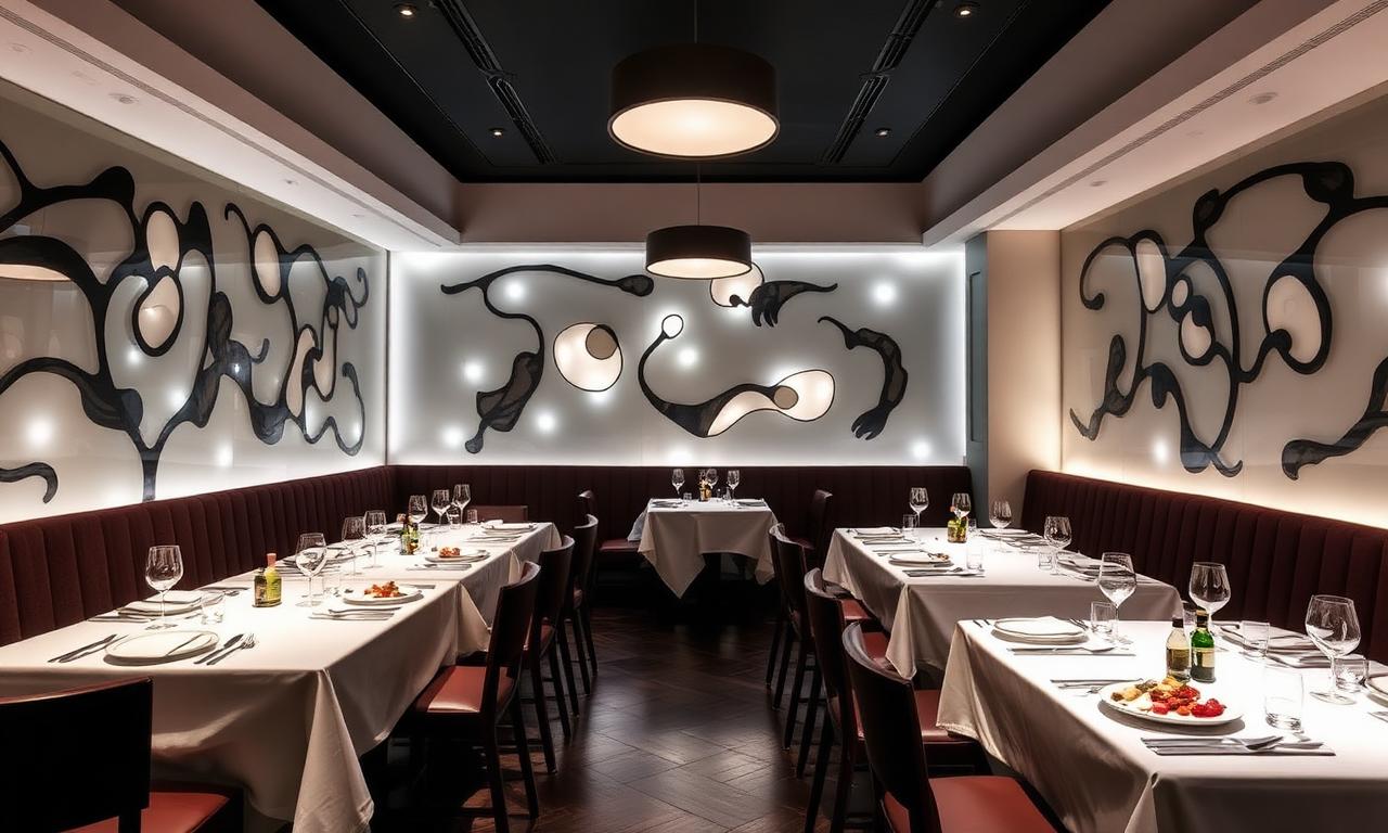 DiverXO Madrid three Michelin star fine dining interior with theatrical avant-garde plating, dramatic lighting and refined modern decor