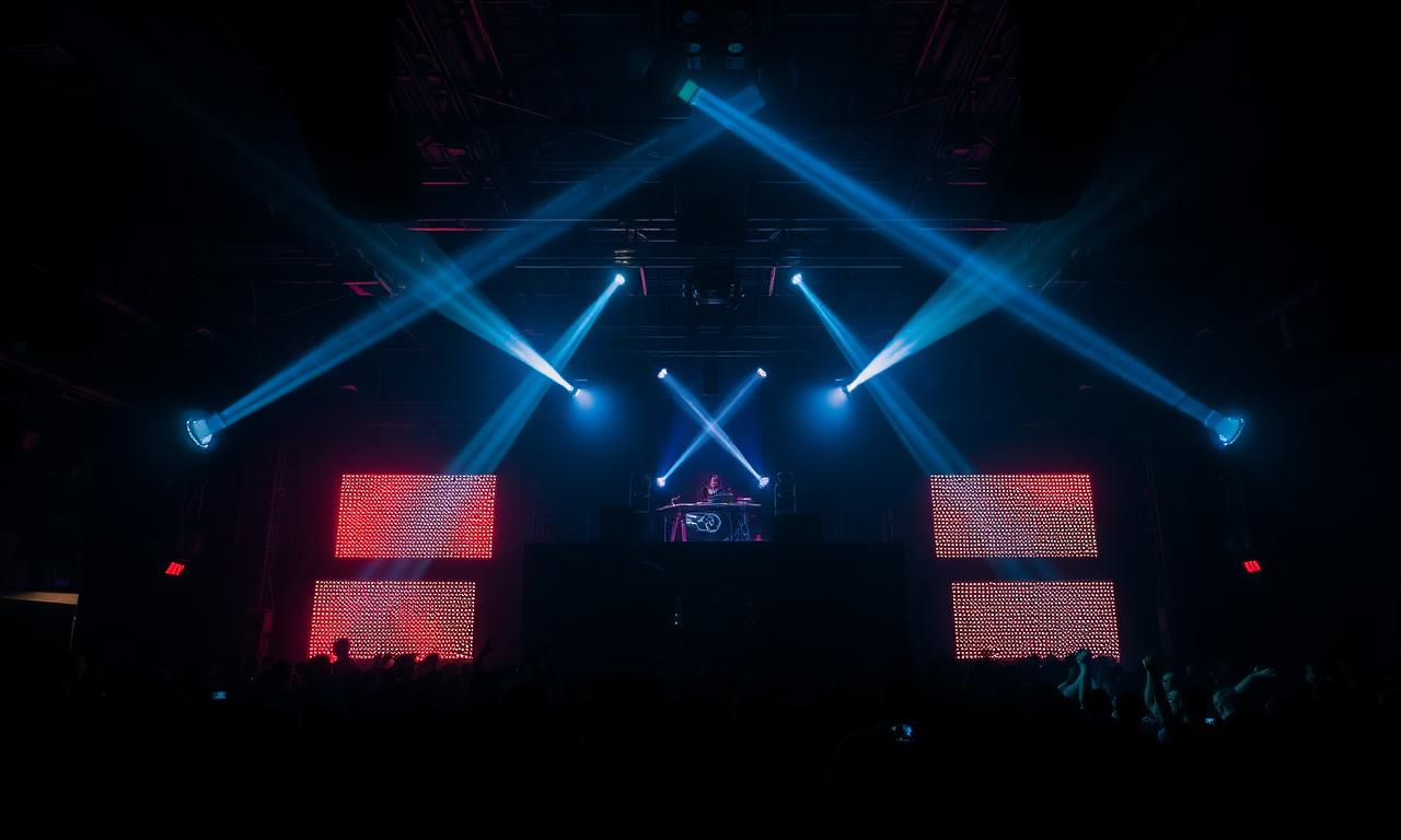 Fabrik Madrid superclub interior with dramatic LED lighting, large industrial dance floor and elevated DJ booth