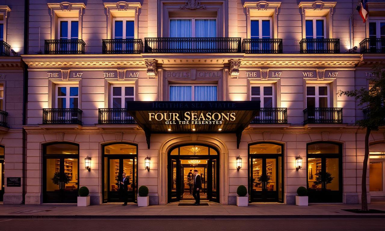 Four Seasons Hotel Madrid Centro Canalejas grand restored facade illuminated at dusk with refined doormen and warm lobby lighting