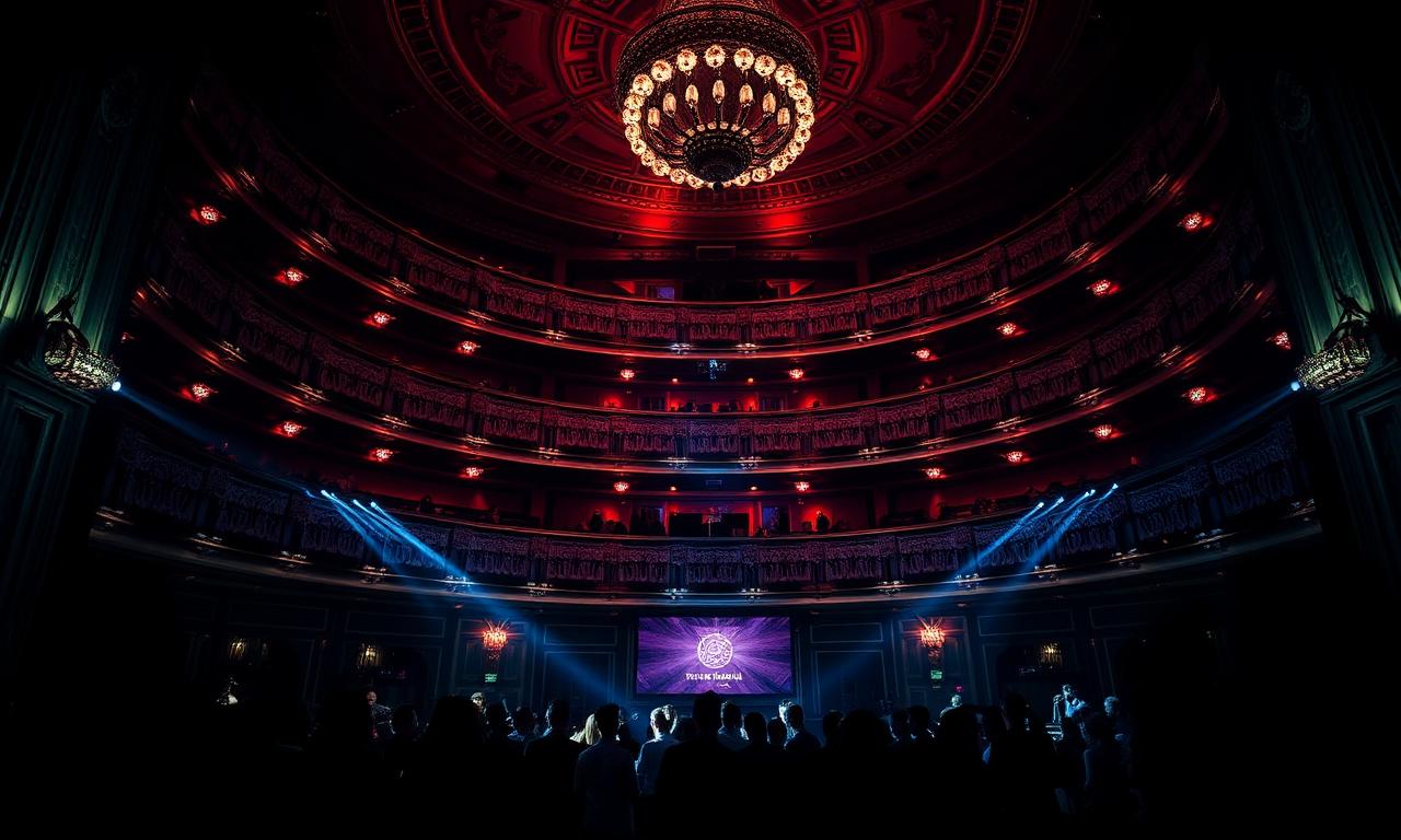Teatro Kapital Madrid iconic seven floor nightclub interior with dramatic theatrical lighting, multiple dance floors and refined late night atmosphere